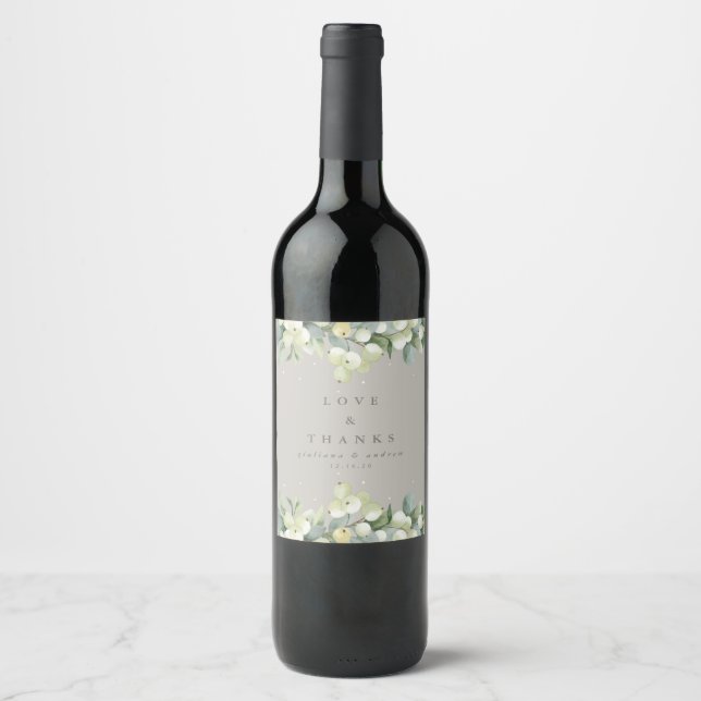 Greige Snowberry+Eucalyptus Winter Wedding Wine Label (Front)