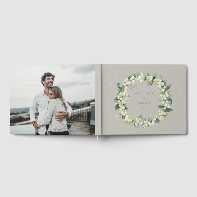 Greige Snowberry+Eucalyptus Wreath Winter Wedding Guest Book (Full)