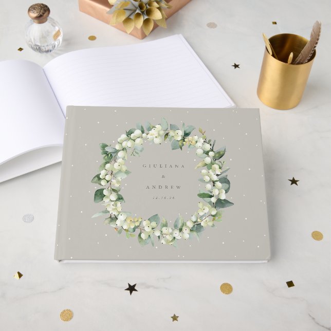 Greige Snowberry+Eucalyptus Wreath Winter Wedding Guest Book (Front Open)