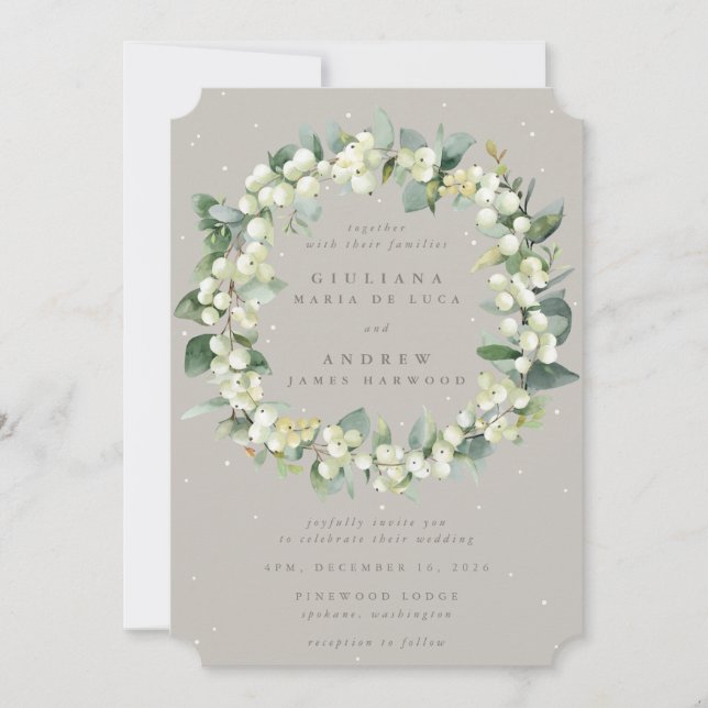 Greige Snowberry+Eucalyptus Wreath Winter Wedding Invitation (Front)