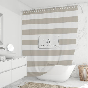 Greige Stripe Family Name & Monogram Shower Curtain