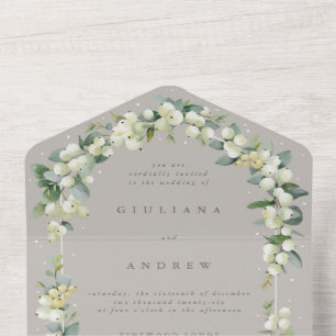 Greige/Taupe Snowberry+Eucalyptus Winter Wedding All In One Invitation