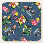 Gremlins™ 80's Retrowave Pattern Square Paper Coaster<br><div class="desc">Bring the party (and the chaos) with this vibrant Gremlins™ all-over pattern design! Featuring fan-favorite characters Gizmo and Stripe in playful poses alongside retro TV screens, popcorn, soda cups, planes, and colorful confetti accents, this artwork captures the mischievous, movie-night energy fans adore. Set against a bold blue background with bright...</div>