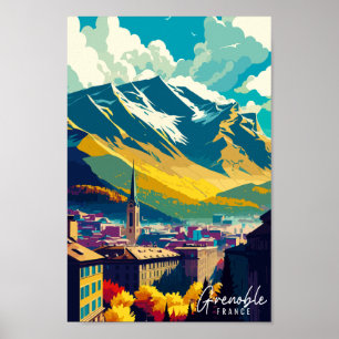 Grenoble France vintage travel illustration Poster