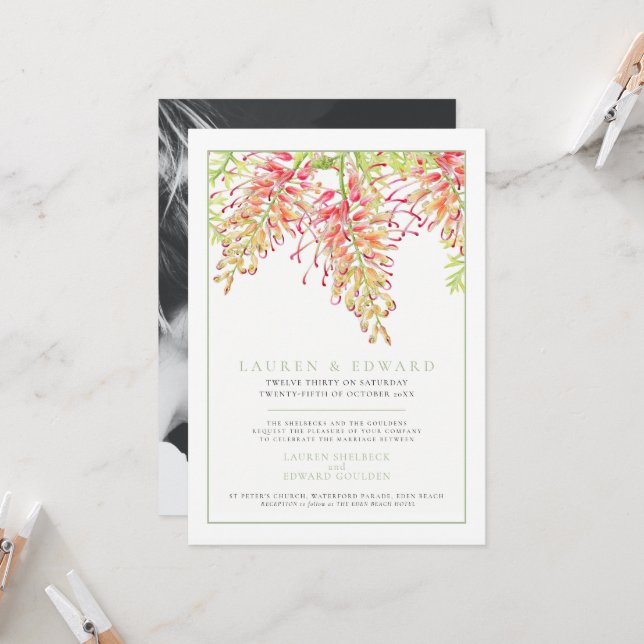 Grevillea botanical watercolor wedding green photo invitation (Front/Back In Situ)