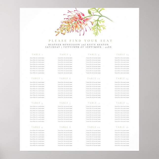 Grevillea floral green wedding 16 tables plan poster (Front)