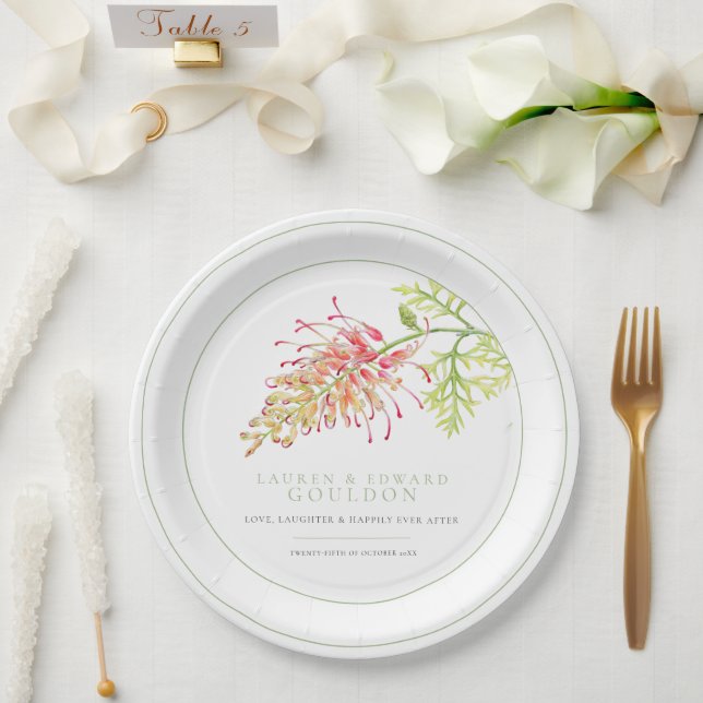 Grevillea flower watercolor wedding green white paper plate (Wedding)