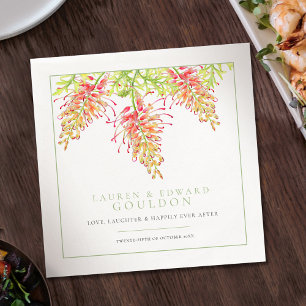 Grevillea flowers watercolor wedding green white napkin