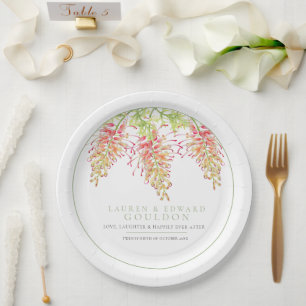 Grevillea flowers watercolor wedding green white  paper plate