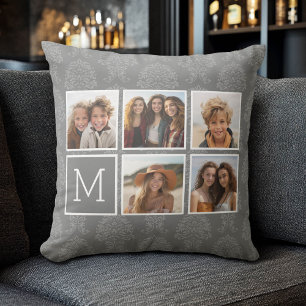 Grey 5 Photo Collage with Text Monogram Cushion