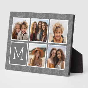 Grey 5 Photo Collage with Text Monogram Plaque