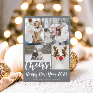 Grey 5 photos cheers Happy new year 2024 Holiday Card