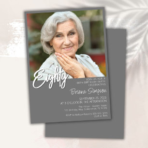 Grey 80th Birthday Photo Invitation