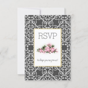 Grey Abstract with gold glitter floral rsvp card