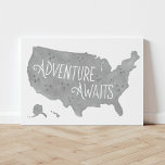 Grey Adventure Awaits US Map Kids Room Decor Faux Canvas Print<br><div class="desc">This hand-lettered watercolor "Adventure Awaits" US map is perfect for little explorers and big explorers alike! The map is a great finishing touch for adventure,  outdoors,  or travel themed rooms.</div>
