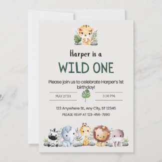 Grey Aesthetic Zoo Animals Birthday Party Invitation