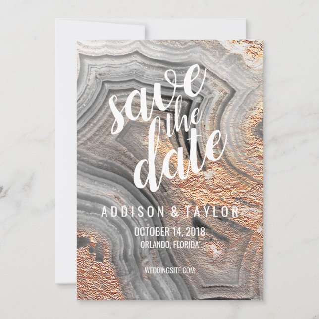 Grey agate geode crystal save the date rose gold (Front)