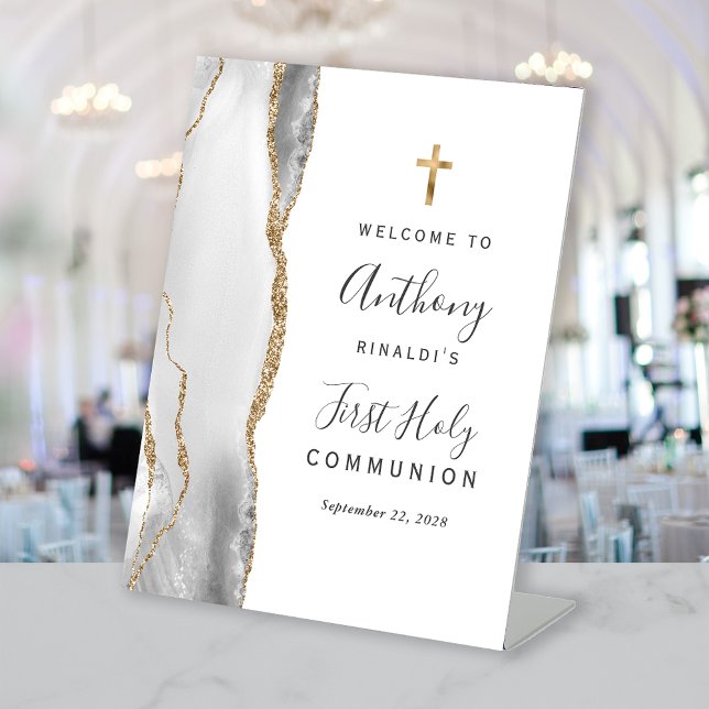 Grey Agate Gold First Holy Communion Welcome Pedestal Sign (Creator Uploaded)