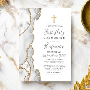   Grey Agate Gold Glitter First Holy Communion Invitation