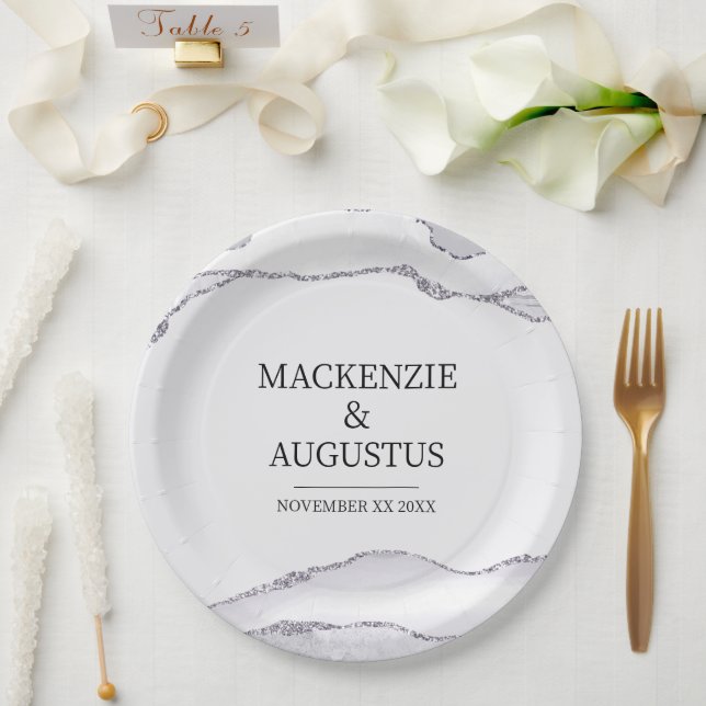 Grey Agate Silver Glitter Bride and Groom Wedding Paper Plate (Wedding)