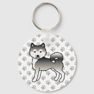 Grey Alaskan Malamute Cute Cartoon Dog & Paws Key Ring