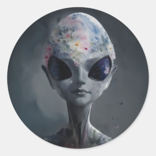 Grey Alien Floral Watercolor Art Classic Round Sticker