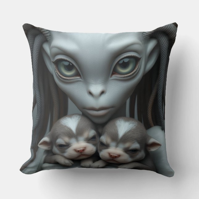 Grey Alien Holding Puppies Cushion (Front)