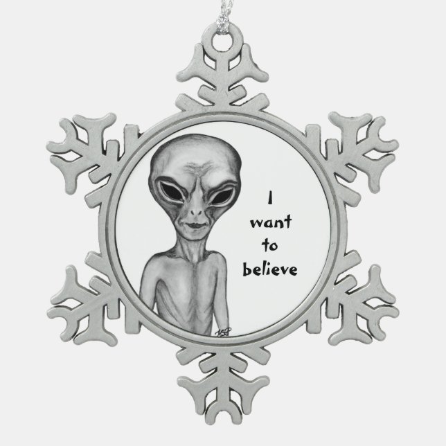 Grey Alien , I want to believe Snowflake Pewter Christmas Ornament (Front)