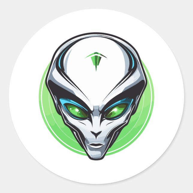 Grey Alien Portrait Head Green Background UFO Classic Round Sticker (Front)