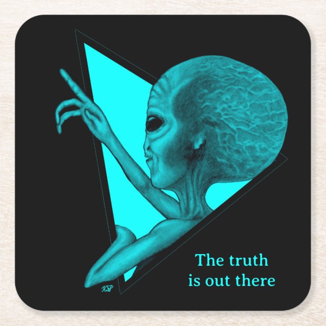Grey Alien, the truth is out there Square Paper Coaster (Front)