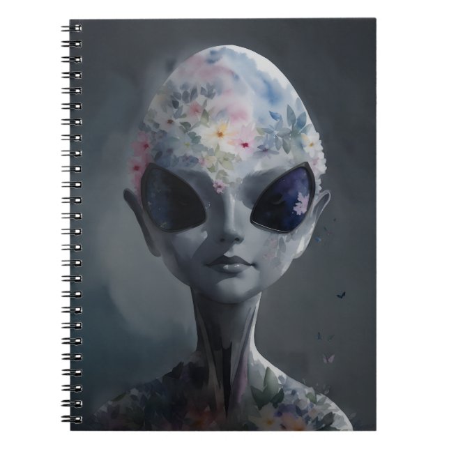 Grey Alien Watercolor Floral Portrait Notebook (Front)