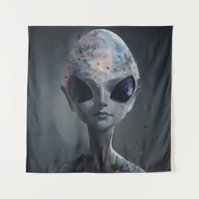 Grey Alien Watercolor Floral Portrait Tapestry (Front)