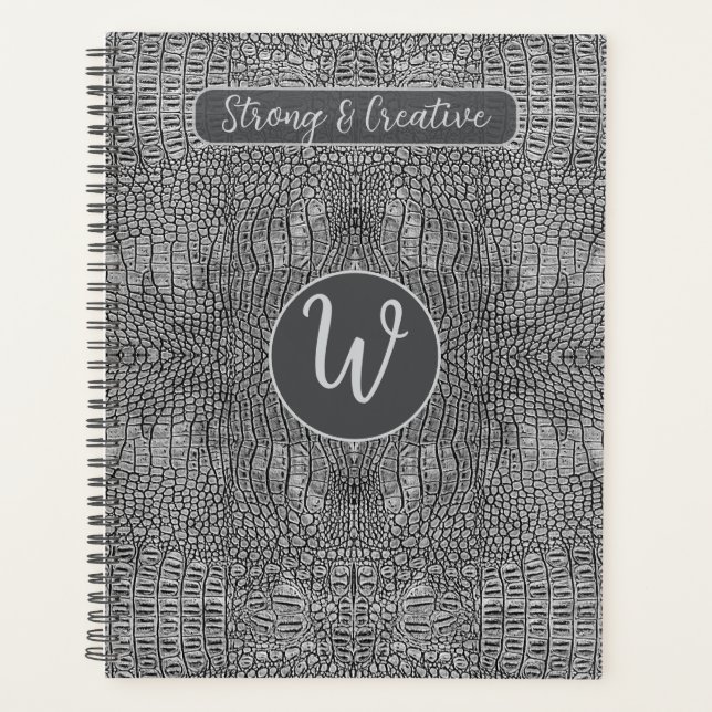 Grey Alligator Leather Scales Reptile Monogram  Planner (Front)