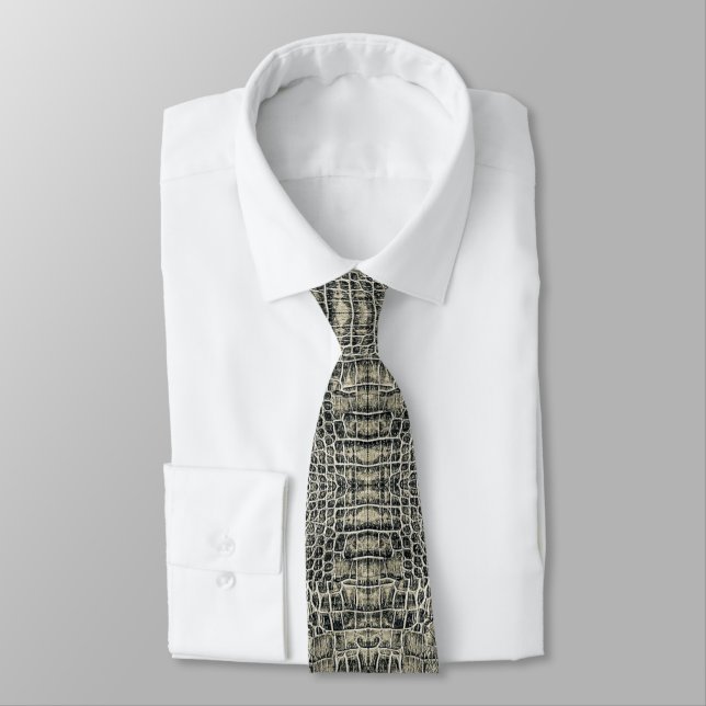 Grey Alligator Leather Scales Reptile Pattern Tie (Tied)
