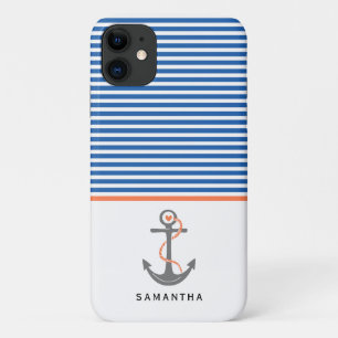 Grey anchor and blue, white stripes coral nautical iPhone 11 case