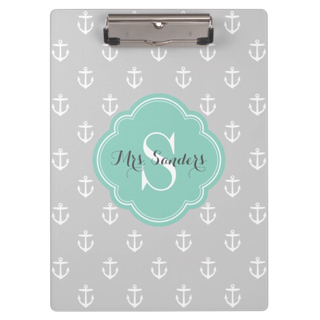 Grey and Aqua Anchors Custom Monogram Clipboard (Front)