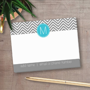 Grey and Aqua Blue Chevrons with Custom Monogram Post-it Notes