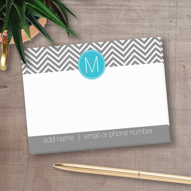 Grey and Aqua Blue Chevrons with One Monogram Post-it Notes (Personalized post-it notes - add your name and other text)