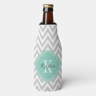 Grey and Aqua Chevron Monogram Bottle Cooler