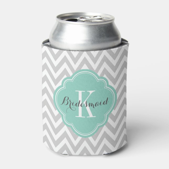 Grey and Aqua Chevron Monogram Can Cooler (Can Front)