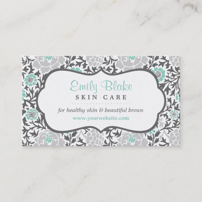 Grey and Aqua Floral Damask Appointment Card (Front)