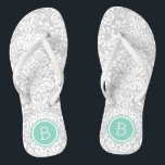 Grey and Aqua Floral Damask Monogram Thongs<br><div class="desc">Custom printed flip flop sandals with a stylish elegant floral damask pattern and your custom monogram or other text in a circle frame. Click Customise It to change text fonts and colours or add your own images to create a unique one of a kind design!</div>