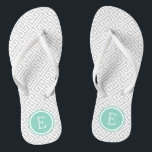 Grey and Aqua Greek Key Monogram Thongs<br><div class="desc">Custom printed flip flop sandals with a stylish modern Greek key pattern and your custom monogram or other text in a circle frame. Click Customise It to change text fonts and colours or add your own images to create a unique one of a kind design!</div>