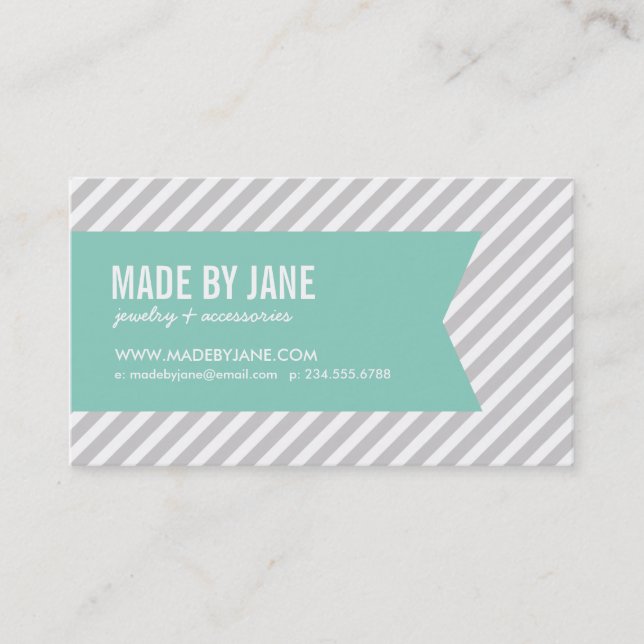 Grey and Aqua Modern Stripes and Ribbon Business Card (Front)