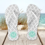 Grey and Aqua Moroccan Quatrefoil Monogram Thongs<br><div class="desc">Custom printed flip flop sandals with a stylish Moroccan quatrefoil pattern and your custom monogram or other text in a circle frame. Click Customise It to change text fonts and colours or add your own images to create a unique one of a kind design!</div>