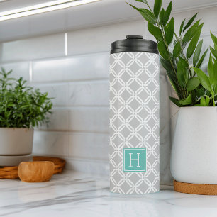 Grey and Aqua Octagon Link Pattern Monogram Thermal Tumbler