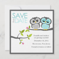 Grey and Aqua Owls Wedding Save the Date