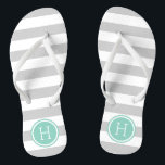 Grey and Aqua Preppy Stripes Monogram Thongs<br><div class="desc">Custom printed flip flop sandals with a preppy nautical stripe pattern and your custom monogram or other text in a circle frame. Click Customise It to change text fonts and colours or add your own images to create a unique one of a kind design!</div>