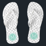 Grey and Aqua Trellis Monogram Thongs<br><div class="desc">Custom printed flip flop sandals with a stylish modern trellis pattern and your custom monogram or other text in a circle frame. Click Customise It to change text fonts and colours or add your own images to create a unique one of a kind design!</div>