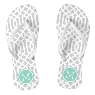 Grey and Aqua Trellis Monogram Thongs